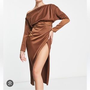 ASOS Design off the shoulder satin midi dress with long sleeves